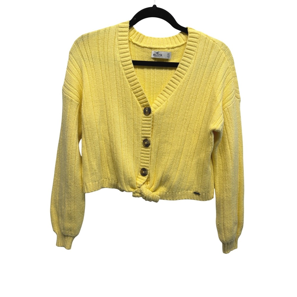 Hollister Yellow Ribbed Cropped Tie Front Button Cardigan Sweater Womens XS